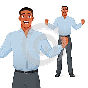 Excited black businessman celebrating success with raised hands and wide smile. Isolated vector cartoon character.