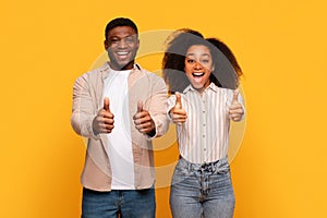 Excited black couple giving thumbs up together on yellow background