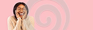 Excited Black Lady Smiling Touching Face Posing On Pink Background