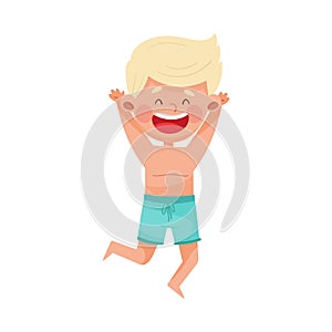 Excited Boy Character in Swimming Trunks Jumping with Joy at Sea Shore Vector Illustration