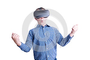 Excited boy looking with virtual reality headset