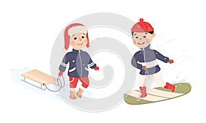 Excited Boy Pulling Sledge and Snowboarding Vector Set