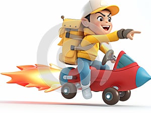 Excited Boy Riding a Toy Rocket