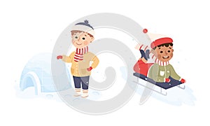 Excited Boy Sleighing Downhill and Building Igloo Vector Set