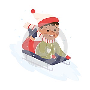 Excited Boy in Warm Clothing Sledging or Sledding Downhill Vector Illustration