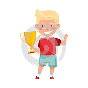 Excited Boy Winner Standing with Gold Cup as Achievement Award Vector Illustration