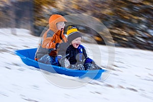 Excited Boys on Sled Ride