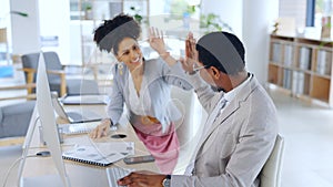 Excited, business people and high five with documents at office for team, success or achievement. Happy man and woman