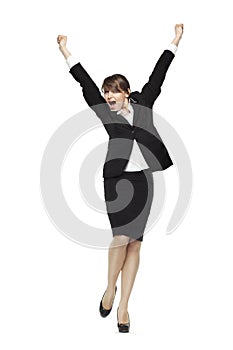 excited business woman holding hands up shouting, front view, full length, isolated