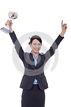 Excited business woman winning a trophy