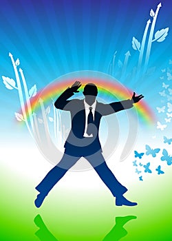 Excited businessman jumping on rainbow background