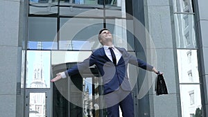 Excited businessman showing winner gesture, celebrating company success, future