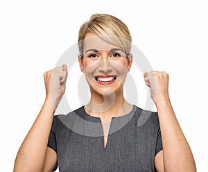 Excited Businesswoman Clenching Fists