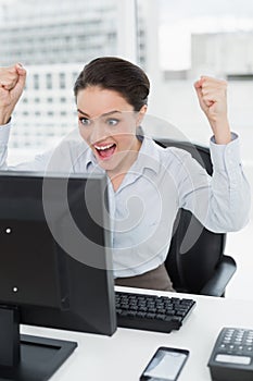 Excited businesswoman looks at the computer screen in office