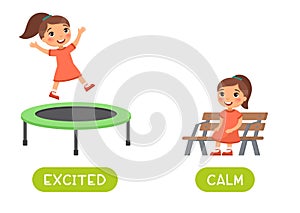 Excited and calm antonyms word card vector template. Opposites concept.