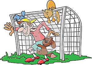 Excited cartoon goalkeeper waiting the shot with his pet friends vector