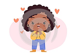 Excited chibi girl. Cute cartoon woman in love with something, front view.