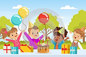 Excited Children in Birthday Hat at Table with Wrapped Gift Box Celebrating Festive Holiday Vector Illustration