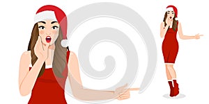 Excited Christmas girl in red dress and christmas santa hat with Happy new year and Merry Christmas festival vector