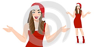 Excited Christmas girl in red dress and christmas santa hat with Happy new year and Merry Christmas festival vector