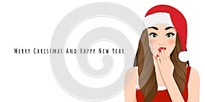 Excited Christmas girl in red dress and Christmas Santa hat vector