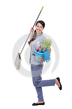 Excited Cleaning maid woman smiling to camera