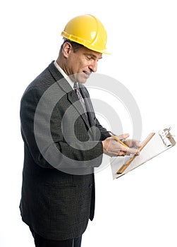 Excited contractor with clipboard