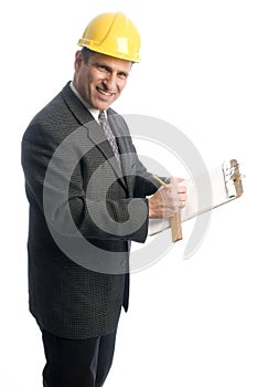Excited contractor with clipboard