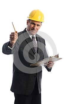 Excited contractor with clipboard