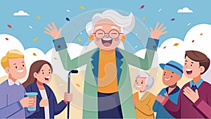 An excited crowd surrounds an 85yearold inventor as she unveils her new smart walking cane equipped with GPS and fall photo