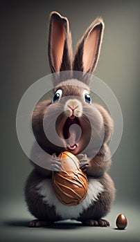 Excited cute Easter bunny eating an chocolate Easter egg