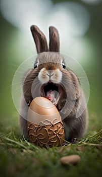 Vzrušený roztomilý veľká noc zajačik jesť čokoláda veľká noc vajcia v tráva 