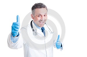 Excited doctor or medic showing double like gesture