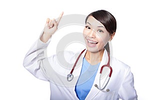 Excited doctor woman finger point