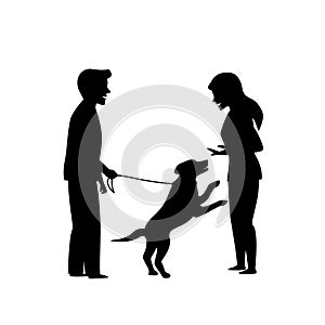 Excited dog jumping on people, obedience pet training silhouette graphic