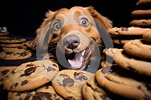 Excited dog with wide eyes tempted by an array of chocolate chip cookies.