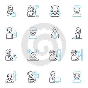 Excited energy linear icons set. Thrill, Euphoria, Enthusiasm, Anticipation, Ecstasy, Exhilaration, Zest line vector and