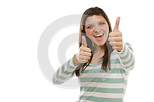 Excited Ethnic Female with Thumbs Up on White