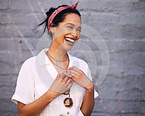 Excited. fashion and funny with trendy woman on gray wall background for accessory style. Comic, model or smile with photo