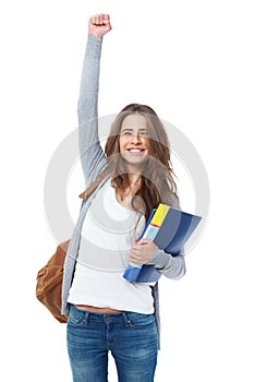 Excited female student raising hand her hand isolated on white.