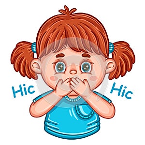 Excited girl child hiccups close mouth with hand icon. Breathing problem, nausea. Surprised shocked kid. Silence gesture. Vector photo