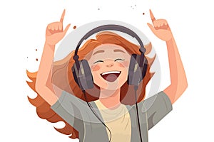 Excited girl child in wireless headphones makes rock n roll gesture while listening to music. Fun vector illustration