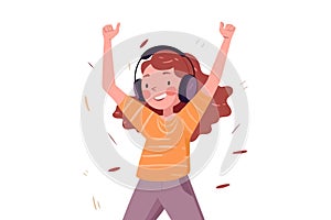 Excited girl child in wireless headphones makes rock n roll gesture while listening to music. Fun vector illustration