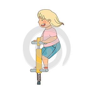 Excited Girl Jumping on Pogo Stick Enjoying Outdoor Activity Vector Illustration