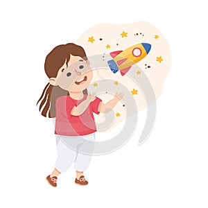 Excited Girl Telling About Space and Galaxy with Rocket and Starry Sky Vector Illustration