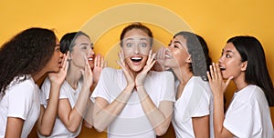 Excited Gossip Girls Whispering Secrets On Yellow Studio Background, Panorama