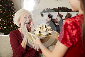 Excited Grandmother Receiving Christmas Gift From Granddaughter At Home