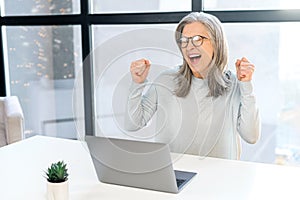 Excited gray-haired senior woman looking at laptop screen sitting at desk in office