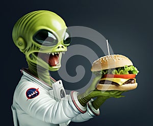 Excited green alien in space suit holding a cheeseburger