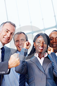 An excited group of business people enjoying success. Portrait of an excited group of business people enjoying success.